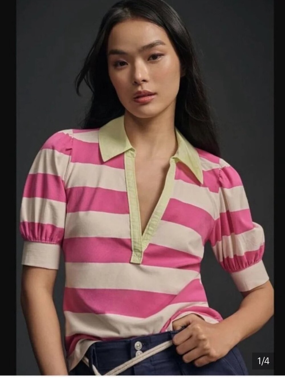Anthropologie Maeve Striped Rugby Polo Puff Sleeve Pink Size L